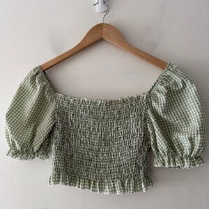 Shein Puff Sleeve‎ Shirred Frill Trim Gingham Peplum Top Green and White